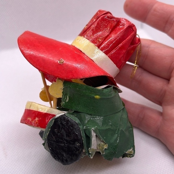 Vintage MCM Christmas Ornaments Flocked Felted Elf, Paper Mache Drummer Santa - Picture 12 of 16